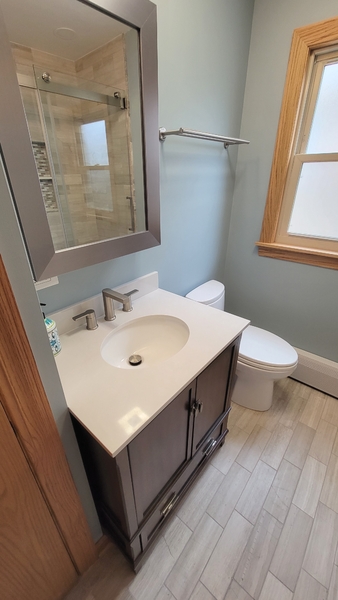 Bathroom after renovation- vanity and madicine cabinet
